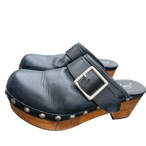 Free People Black Leather Studded Wood Platform Clogs Buckle Mules Spain 38